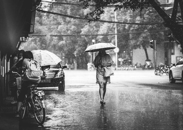 A black and white image of a woman with an umbrella, walking in the rain.