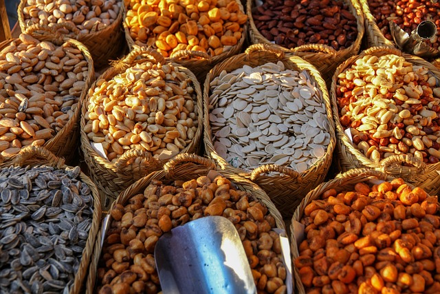 A variety of nuts and seeds inside woven baskets